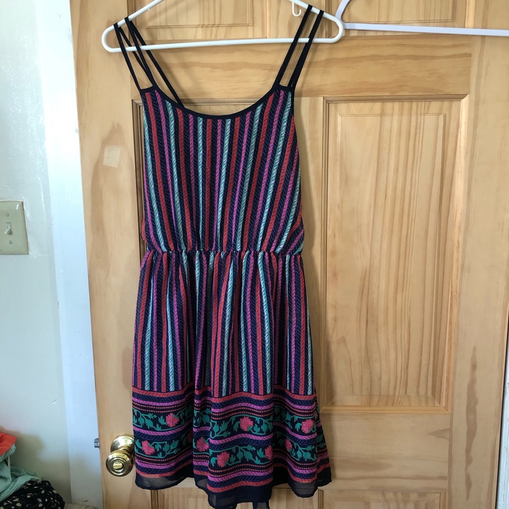 Women's Striped Multicolor Floral Detail Sleeveless Sundress - Sz M